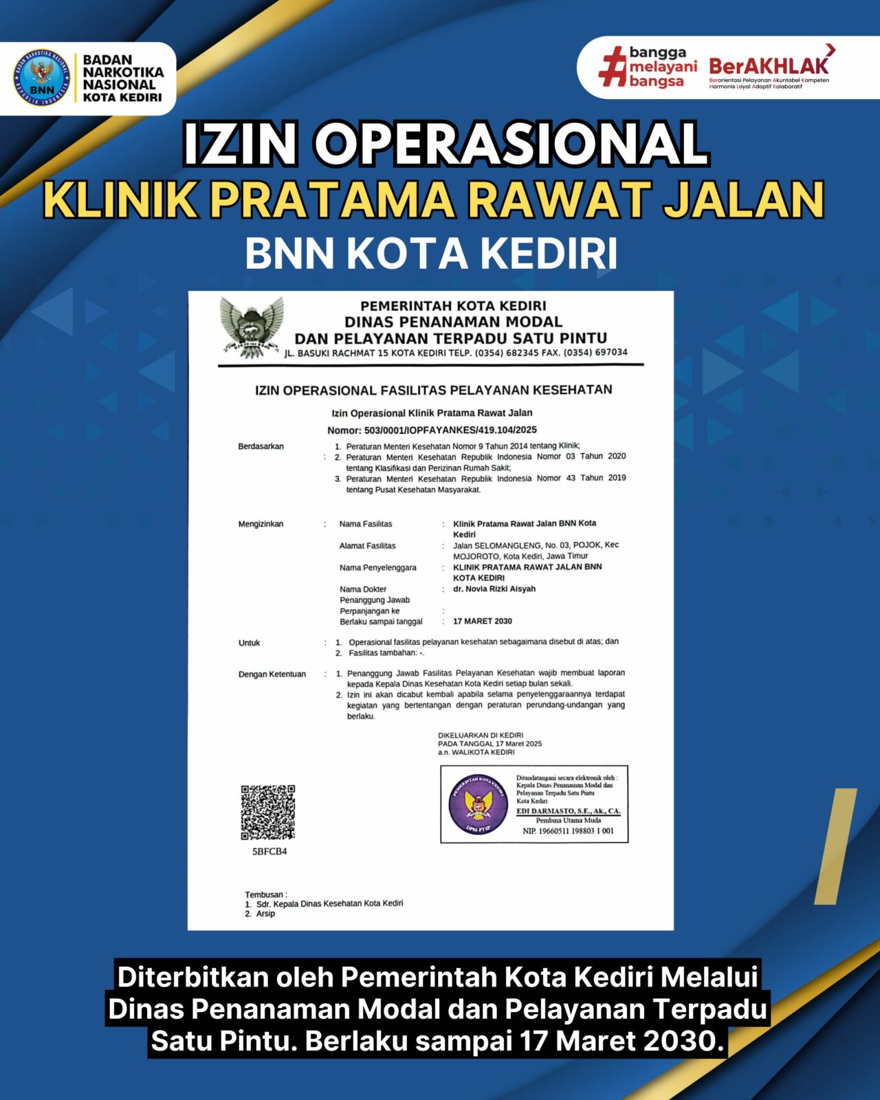 Izin Operasional Klinik Pratama Rawat Jalan BNN Kota Kediri Izin Operasional Klinik Pratama Rawat Jalan BNN Kota Kediri